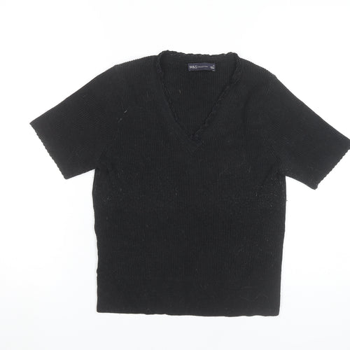 Marks and Spencer Women Black Size 14 Knit V-Neck Short Sleeve Top