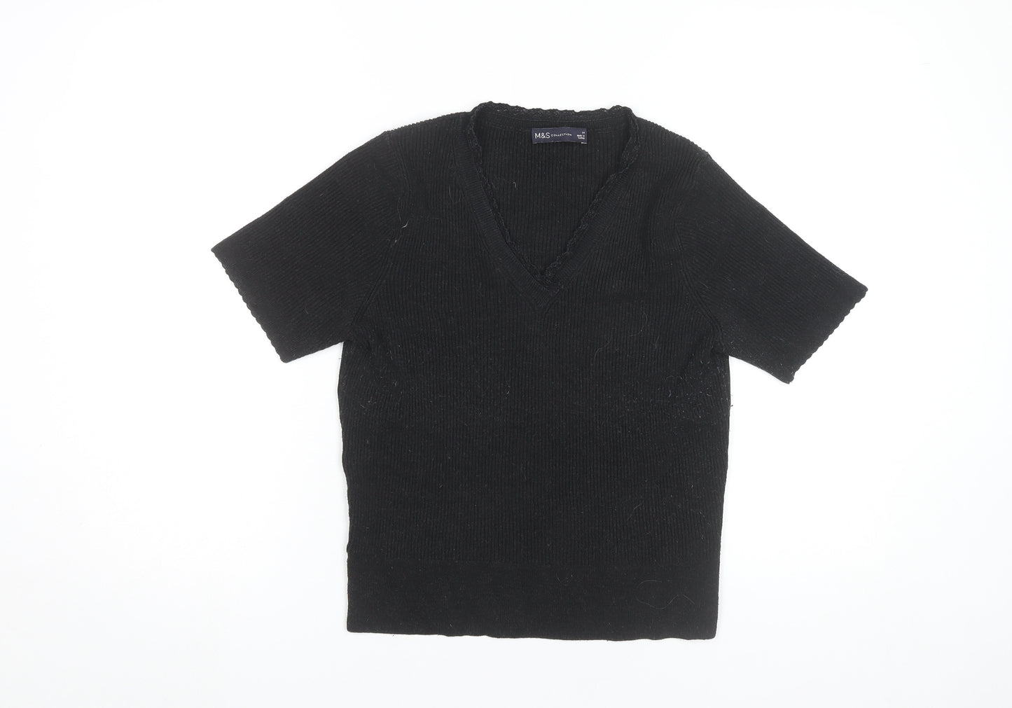Marks and Spencer Women Black Size 14 Knit V-Neck Short Sleeve Top