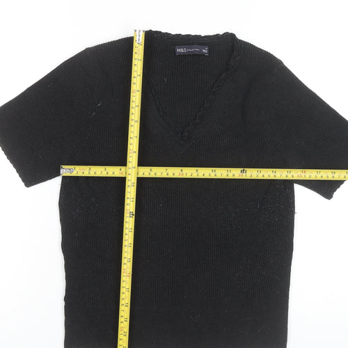 Marks and Spencer Women Black Size 14 Knit V-Neck Short Sleeve Top