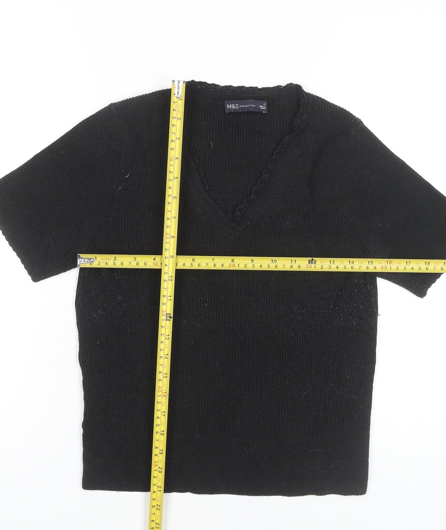 Marks and Spencer Women Black Size 14 Knit V-Neck Short Sleeve Top