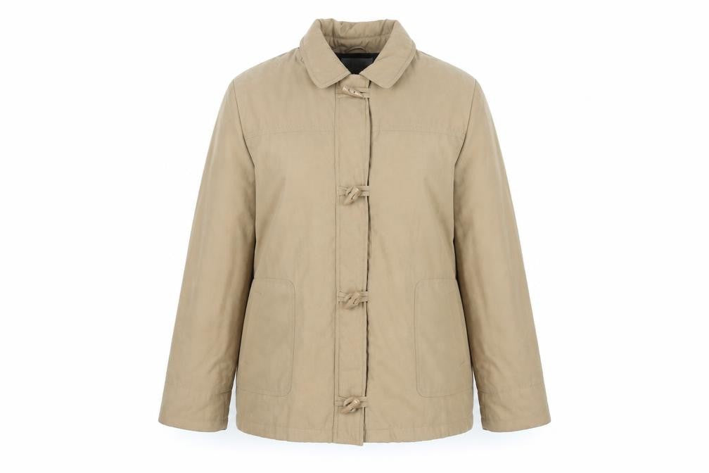 Front view of EWM women’s beige, size UK 22, overcoat toggle mid-length winter jacket