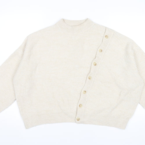 MNG Women’s Beige Mock Neck Button Cardigan Jumper Size 12