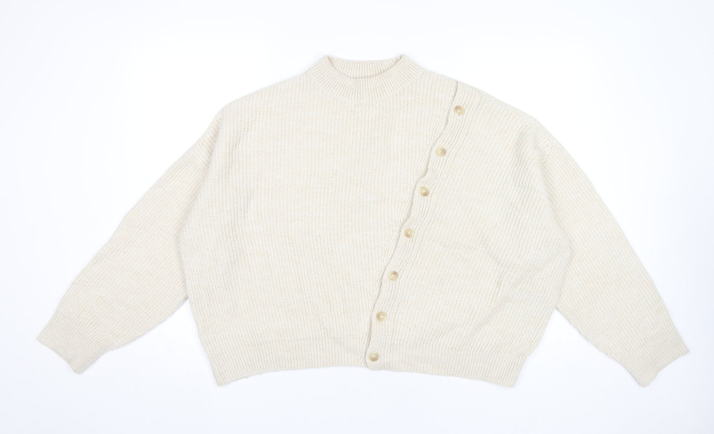 MNG Women’s Beige Mock Neck Button Cardigan Jumper Size 12
