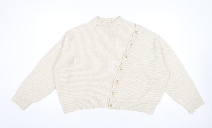 MNG Women’s Beige Mock Neck Button Cardigan Jumper Size 12