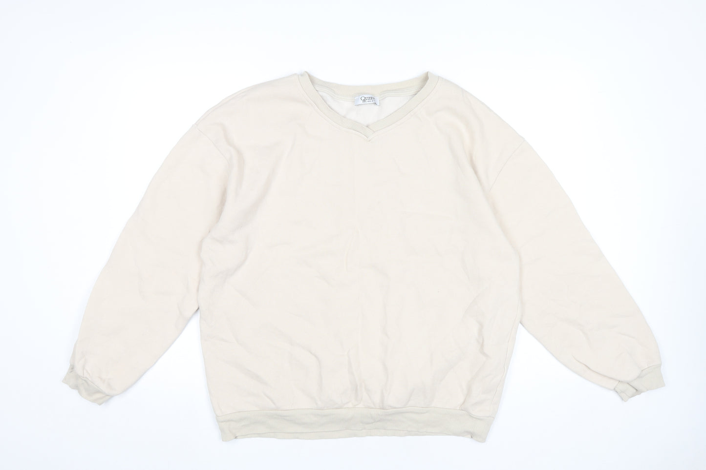 Quzen Women’s Beige V-Neck Sweatshirt UK 12 Cotton Blend Pullover