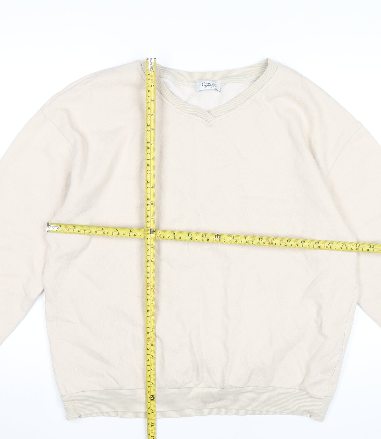 Quzen Women’s Beige V-Neck Sweatshirt UK 12 Cotton Blend Pullover