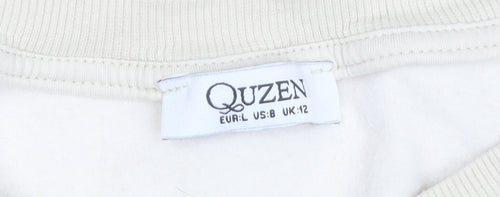 Quzen Women’s Beige V-Neck Sweatshirt UK 12 Cotton Blend Pullover