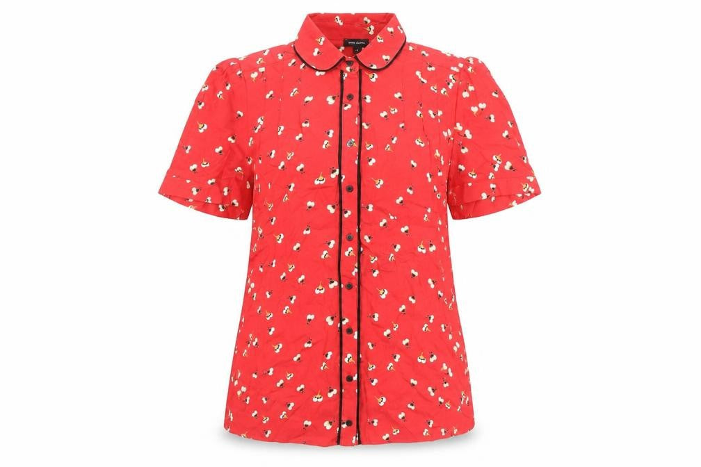 Front view of River Island Women's Red Floral Button-Up Shirt Top, size 8