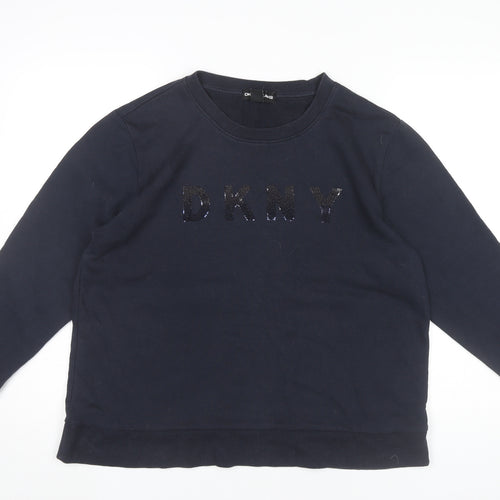 DKNY Womens Black Logo Sequin Pullover Sweatshirt Size L