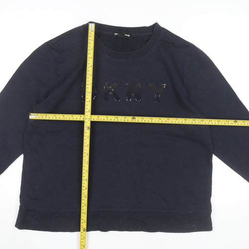 DKNY Womens Black Logo Sequin Pullover Sweatshirt Size L