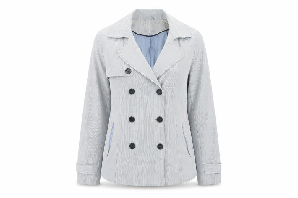 Front view of Peacocks Women Blue Striped Pea Coat Jacket, size 10
