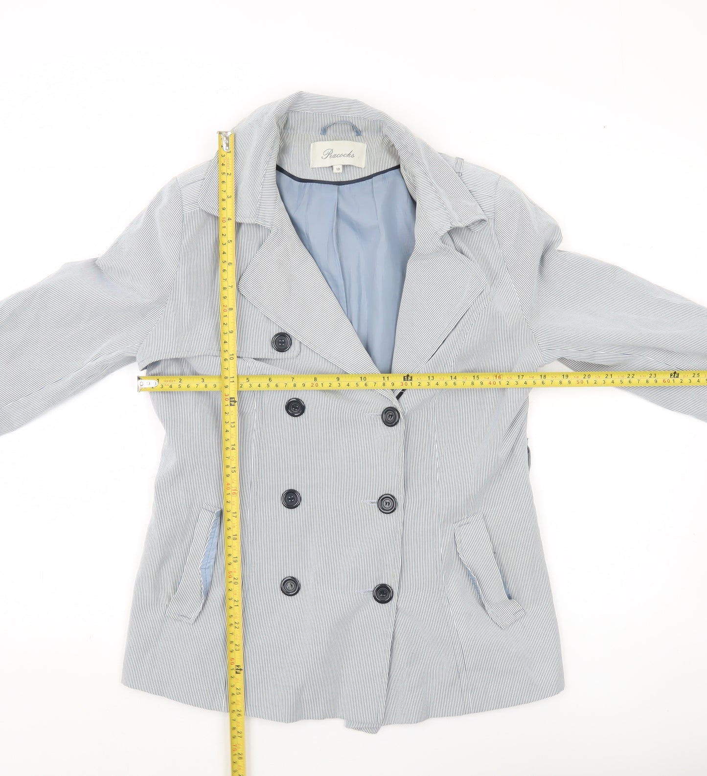 Peacocks Women Blue Striped Pea Coat Jacket Size 10
