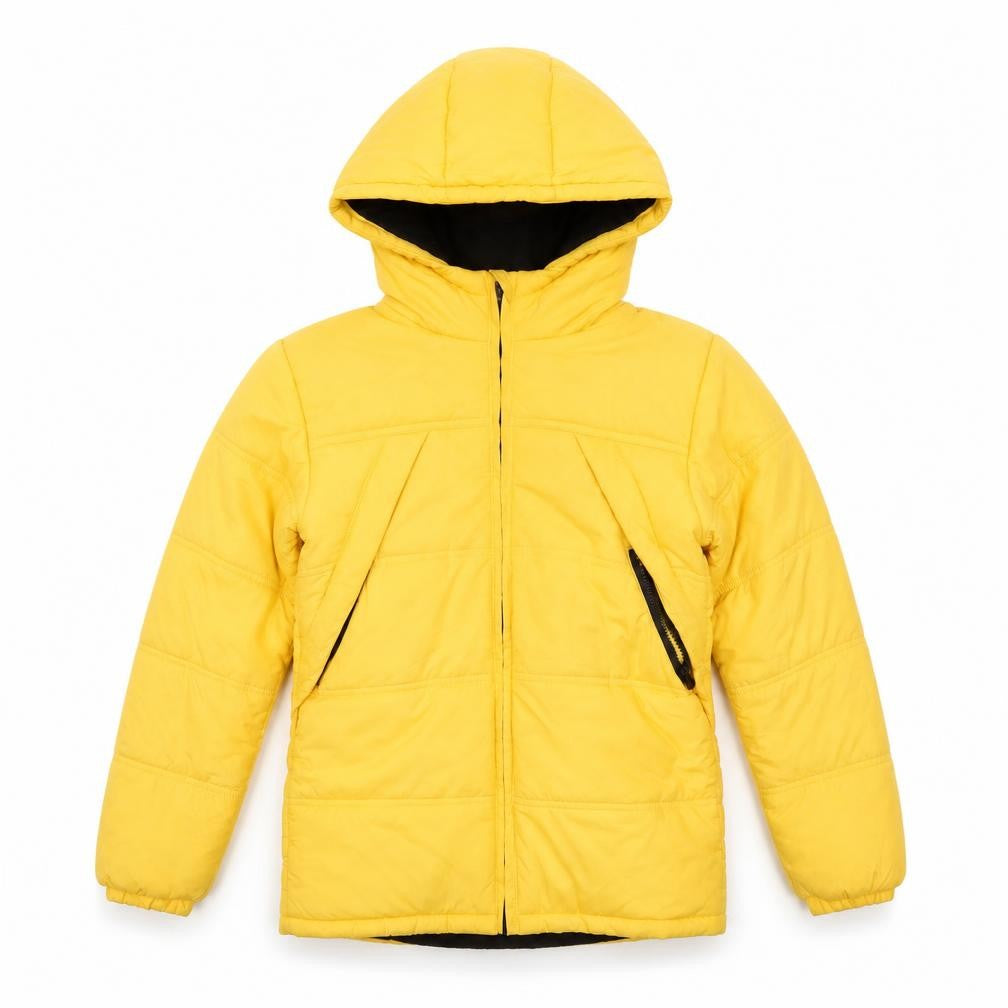 Front view of Juniors boys’ yellow 11-12y puffer jacket winter hooded coat