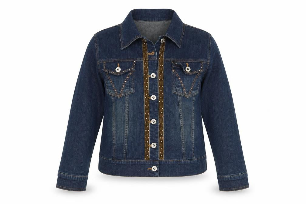 Front view of BEACH Women’s Blue Denim Studded Jacket, size L, Casual