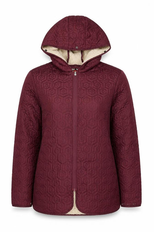 Front view of Lee Cooper Women’s Red Hooded Quilted Jacket, size L, Full Zip Winter Coat