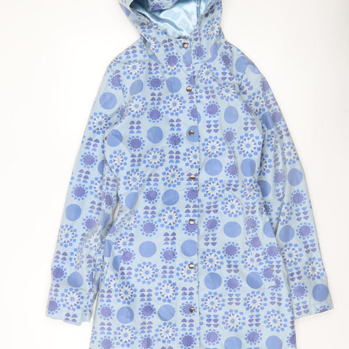 Fransa Womens Blue Geometric Hooded Rain Coat Size S Mid-Length