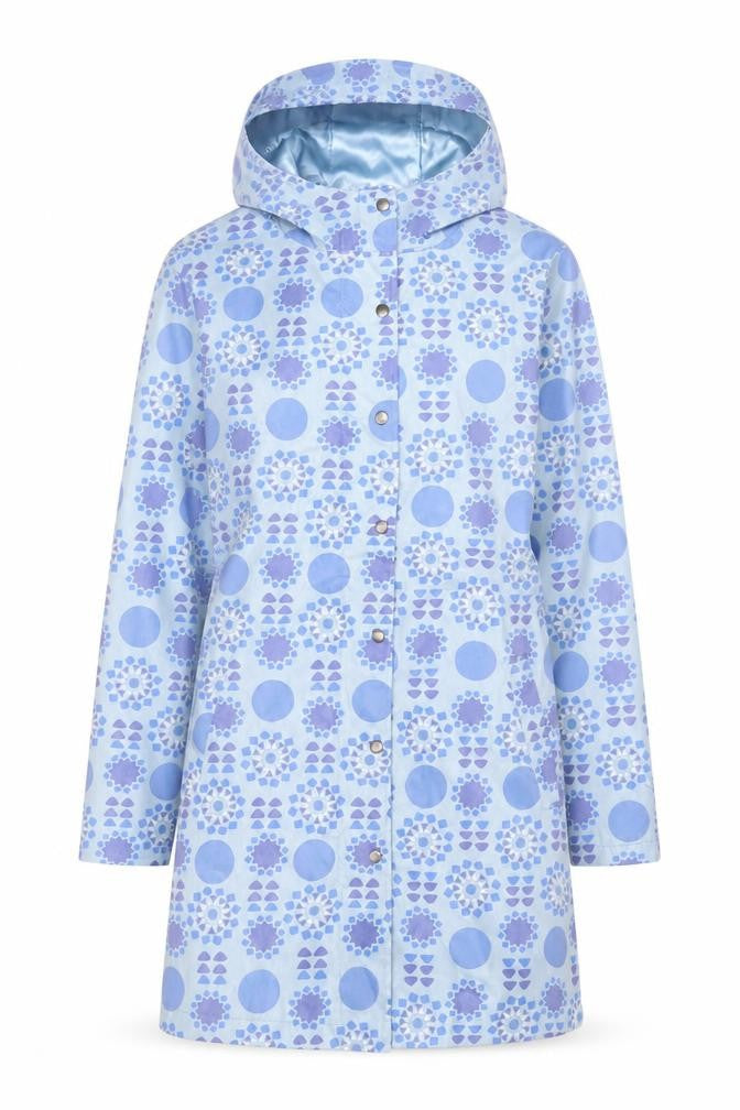 Front view of Fransa women’s blue geometric hooded rain coat, size S, mid-length