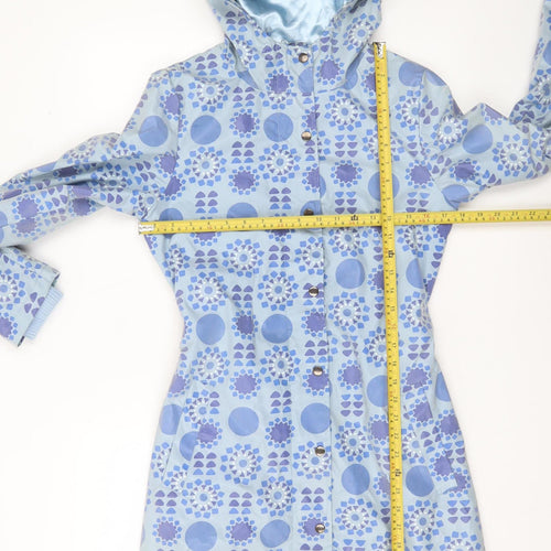 Fransa Womens Blue Geometric Hooded Rain Coat Size S Mid-Length
