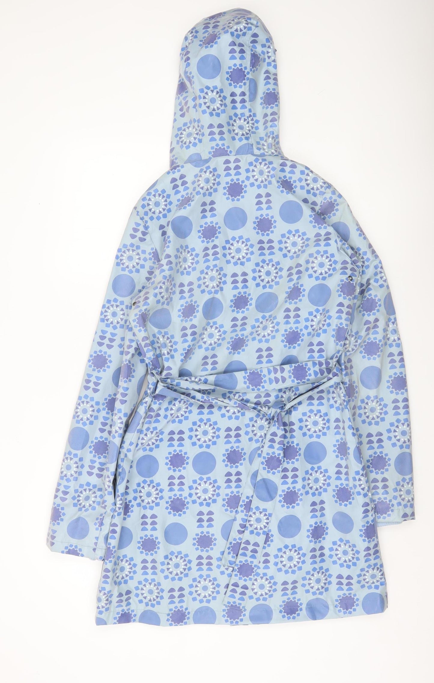 Fransa Womens Blue Geometric Hooded Rain Coat Size S Mid-Length