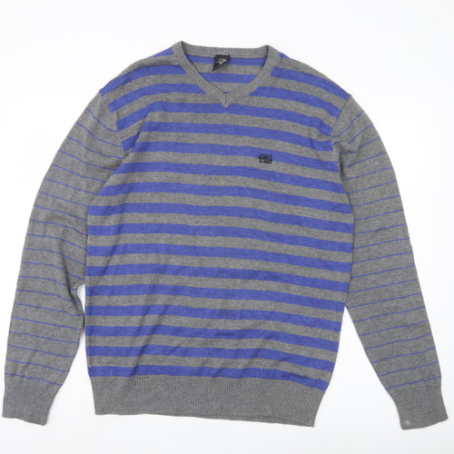 Meaty's Mens Grey Blue Striped V-Neck Pullover Jumper Size M