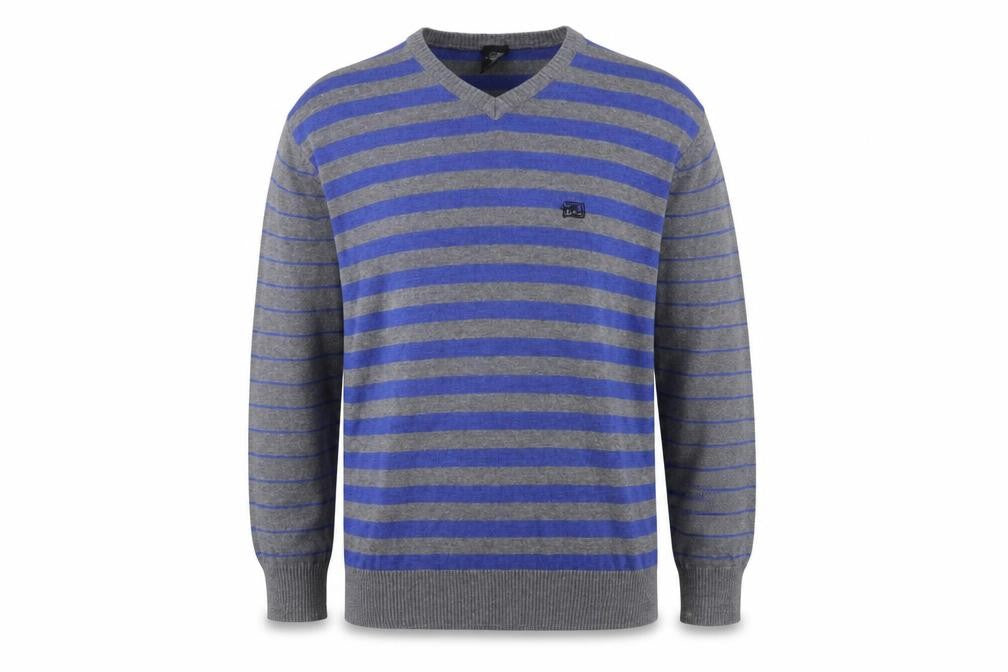 Front view of Meaty's men’s grey blue striped v-neck jumper, size M