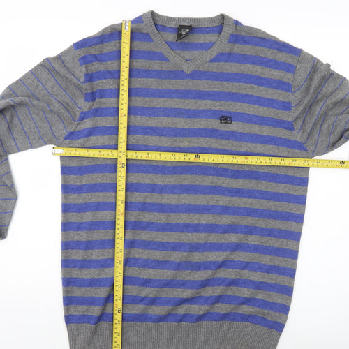 Meaty's Mens Grey Blue Striped V-Neck Pullover Jumper Size M