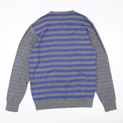 Meaty's Mens Grey Blue Striped V-Neck Pullover Jumper Size M