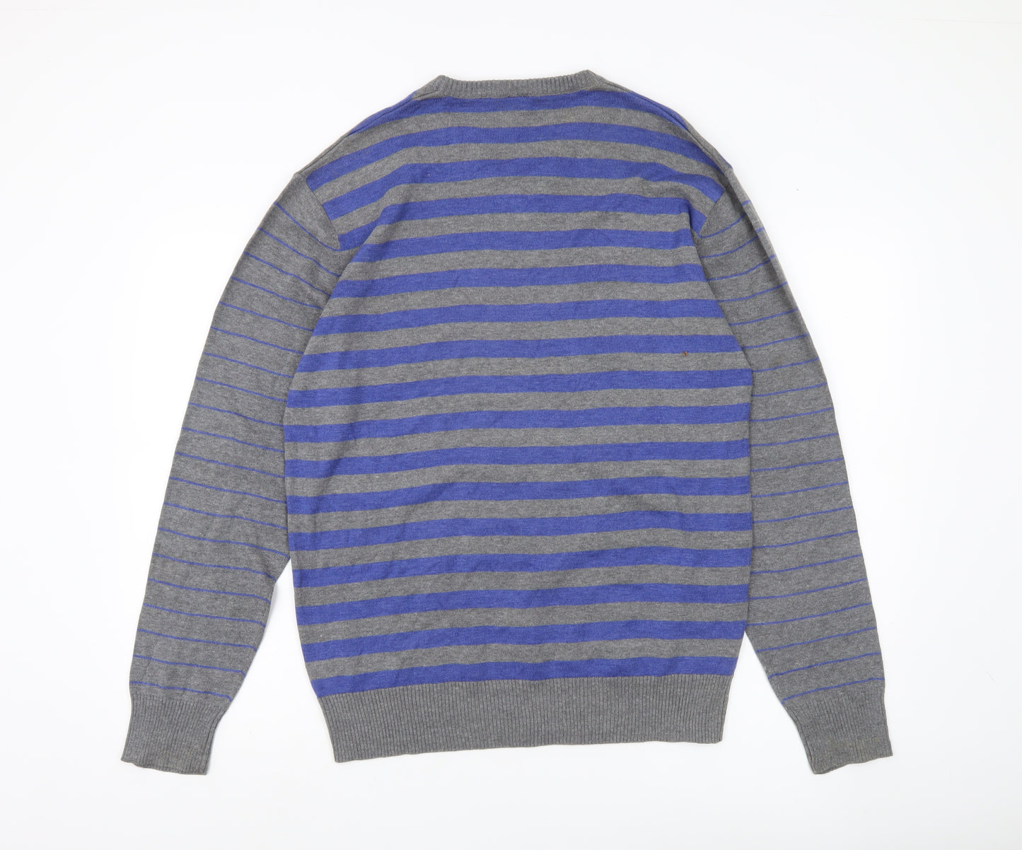 Meaty's Mens Grey Blue Striped V-Neck Pullover Jumper Size M