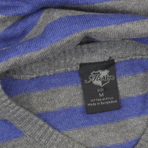 Meaty's Mens Grey Blue Striped V-Neck Pullover Jumper Size M