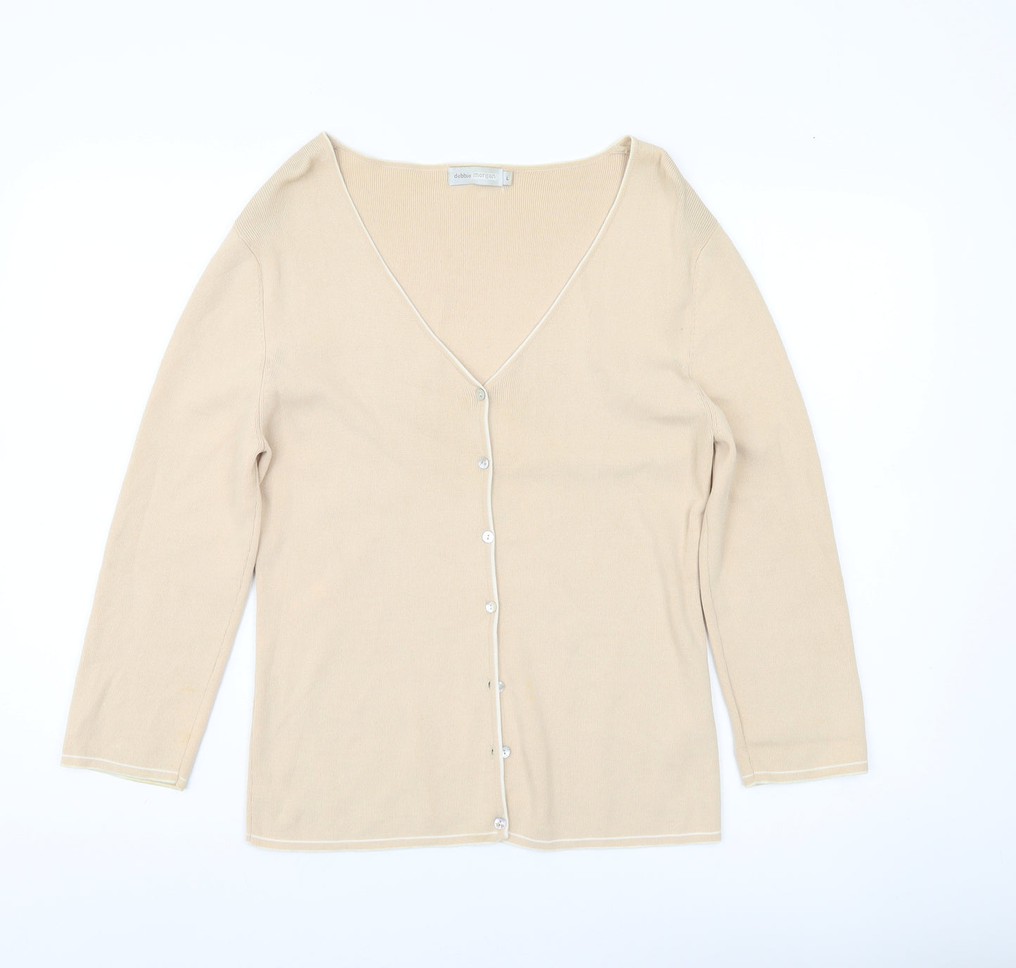 Debbie Morgan Womens Beige V-Neck Cardigan L 3/4 Sleeve Knit