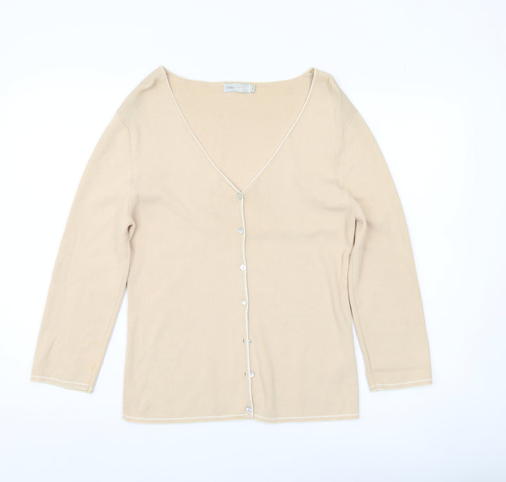 Debbie Morgan Womens Beige V-Neck Cardigan L 3/4 Sleeve Knit