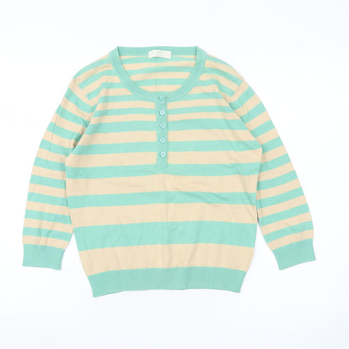 Marks & Spencer Womens Green Beige Striped Henley Jumper UK 14