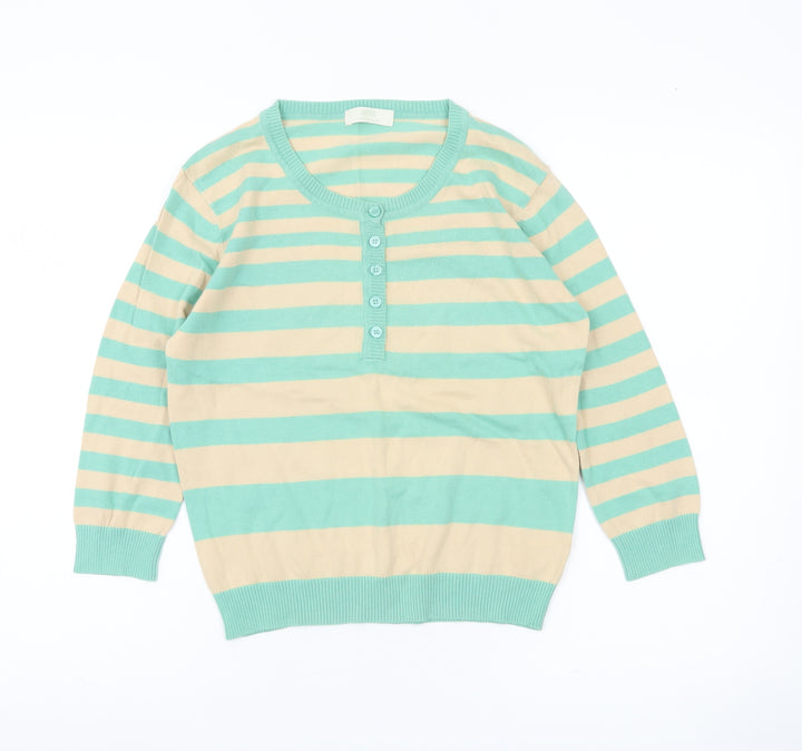 Marks & Spencer Womens Green Beige Striped Henley Jumper UK 14