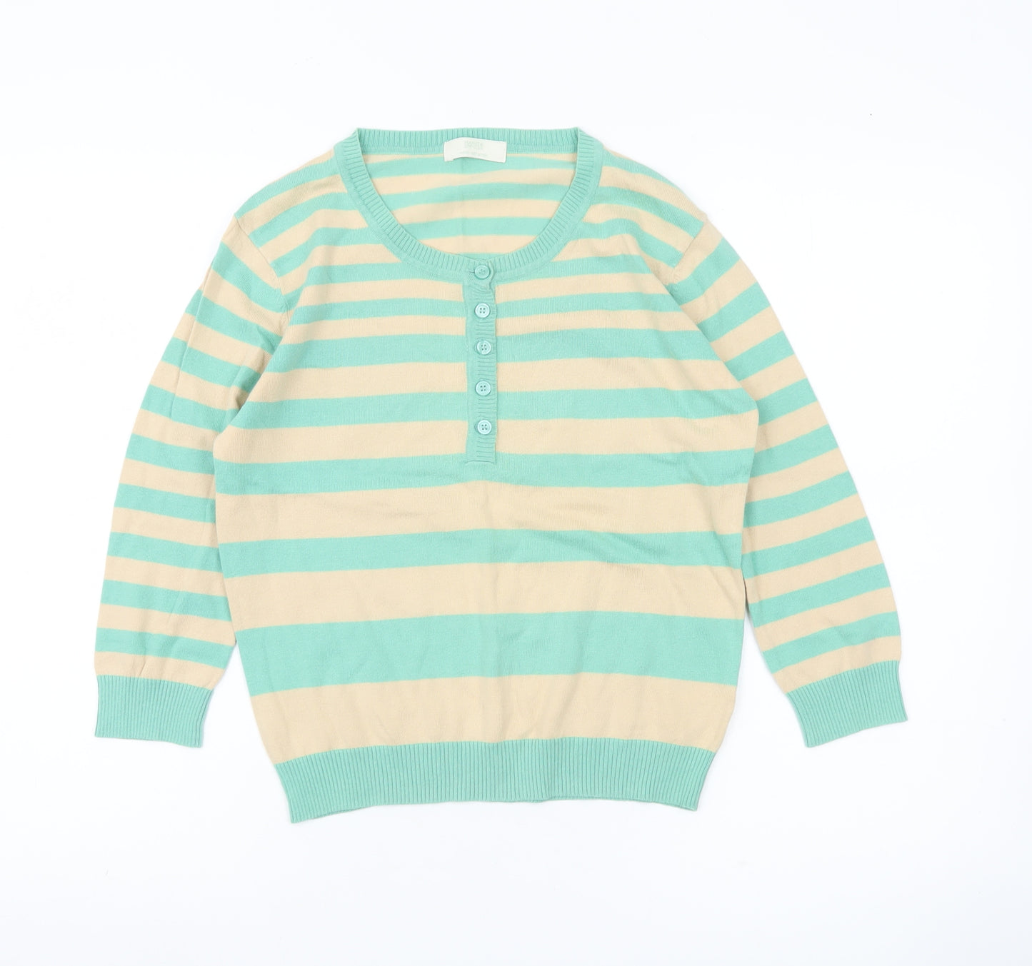 Marks & Spencer Womens Green Beige Striped Henley Jumper UK 14