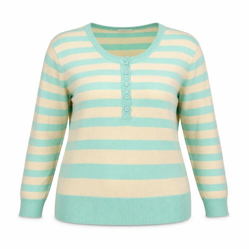 Marks & Spencer Womens Green Beige Striped Henley Jumper UK 14