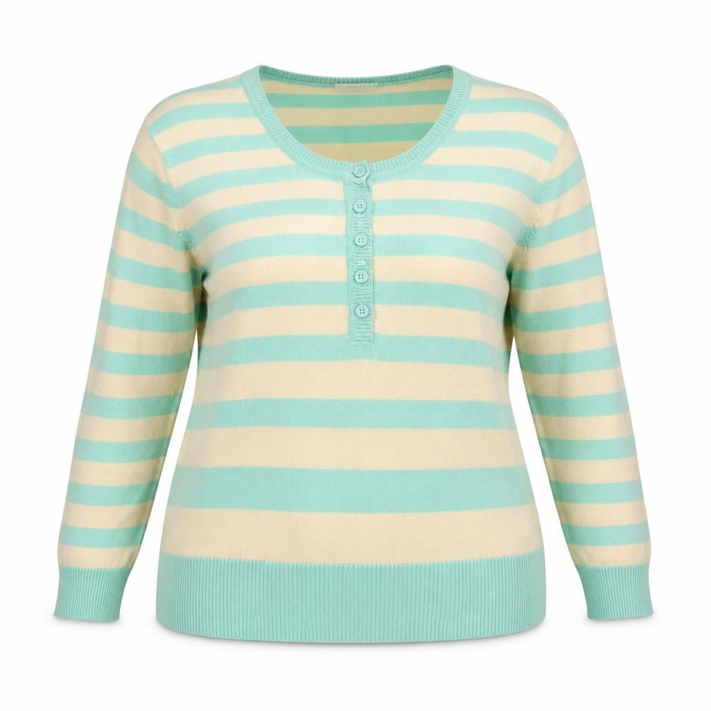 Marks & Spencer Womens Green Beige Striped Henley Jumper UK 14