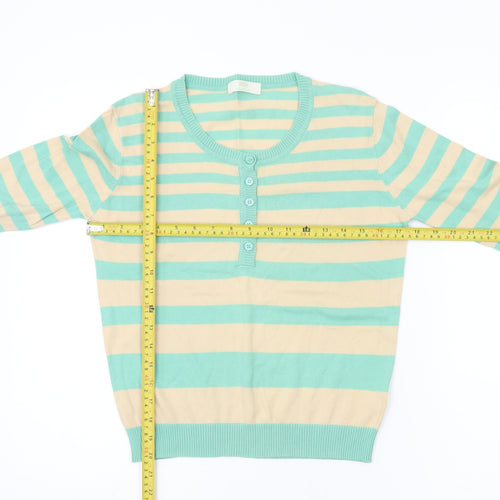 Marks & Spencer Womens Green Beige Striped Henley Jumper UK 14