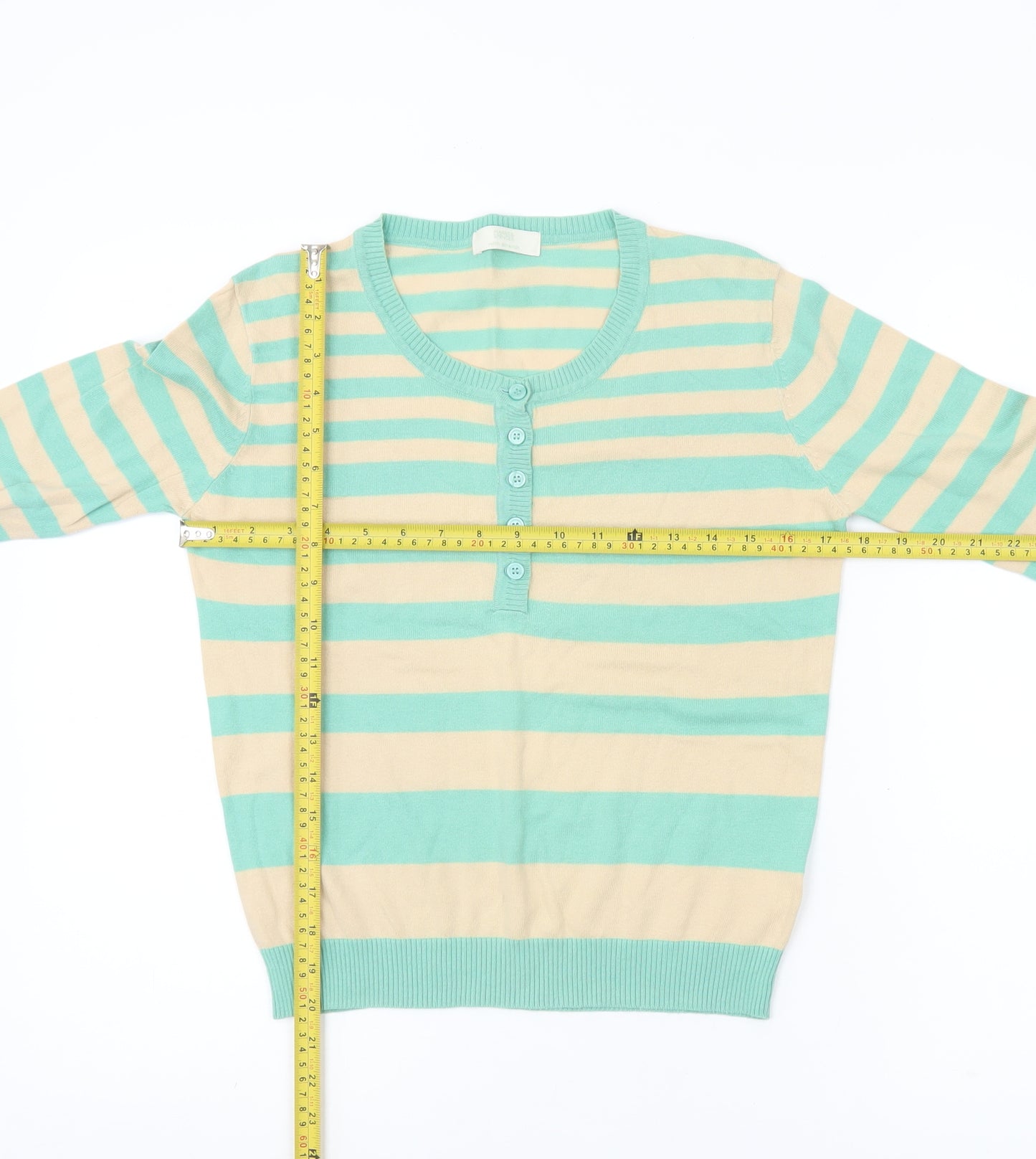Marks & Spencer Womens Green Beige Striped Henley Jumper UK 14