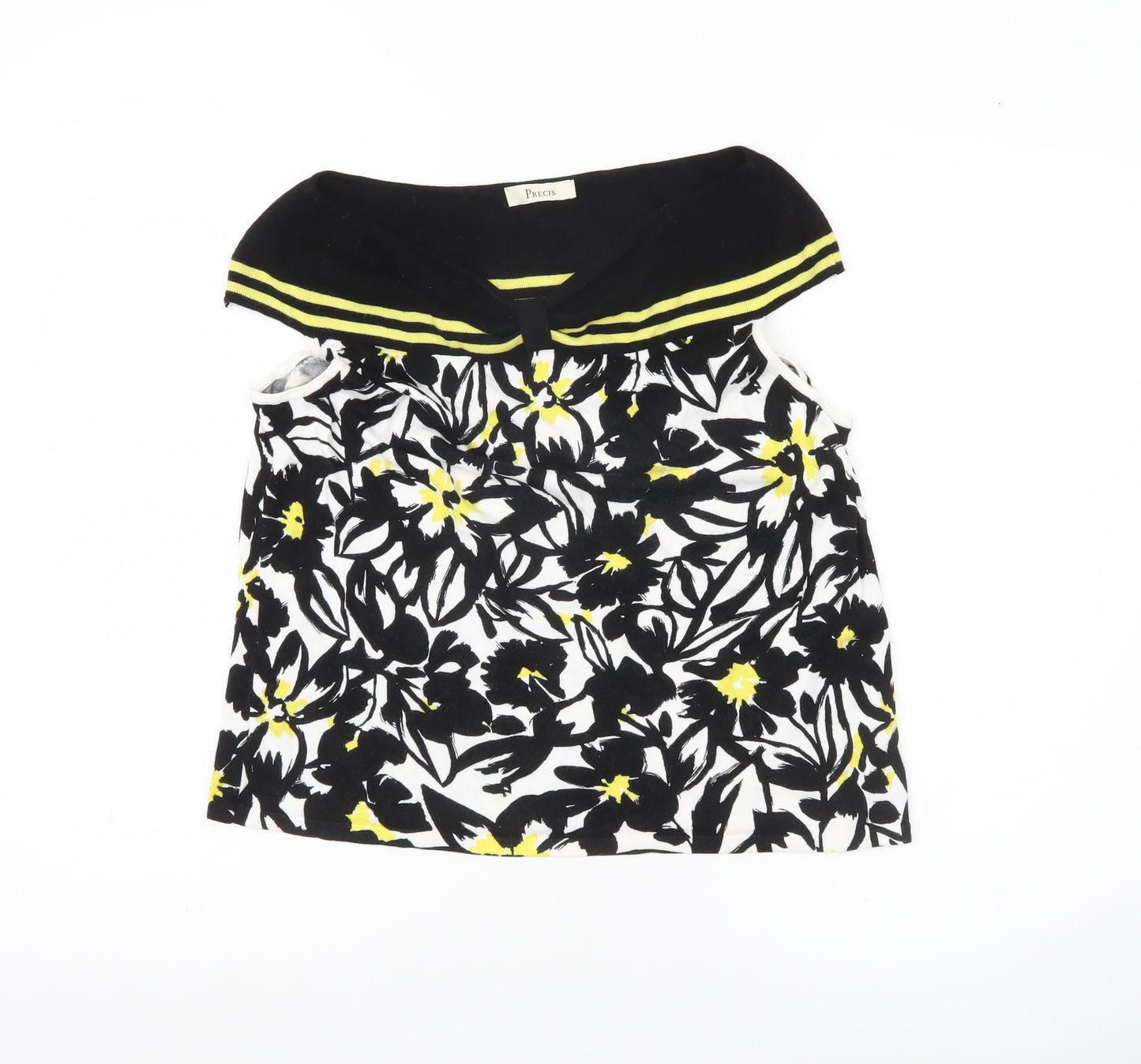 Precis Womens Black White Yellow Floral Sleeveless Tunic Blouse L