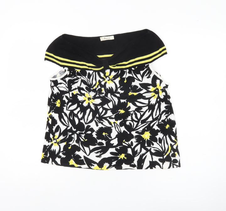 Precis Womens Black White Yellow Floral Sleeveless Tunic Blouse L