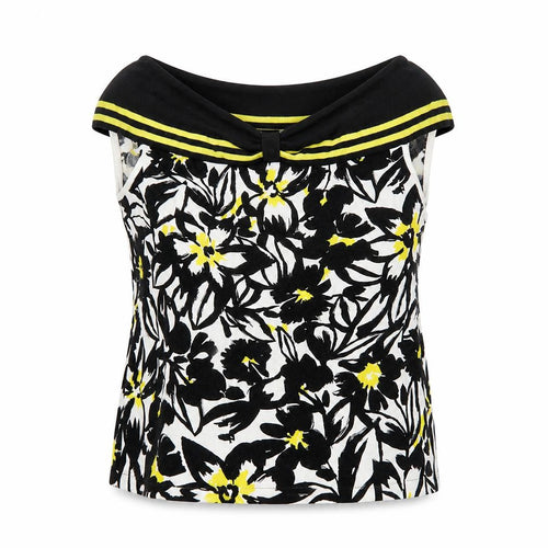 Precis Womens Black White Yellow Floral Sleeveless Tunic Blouse L