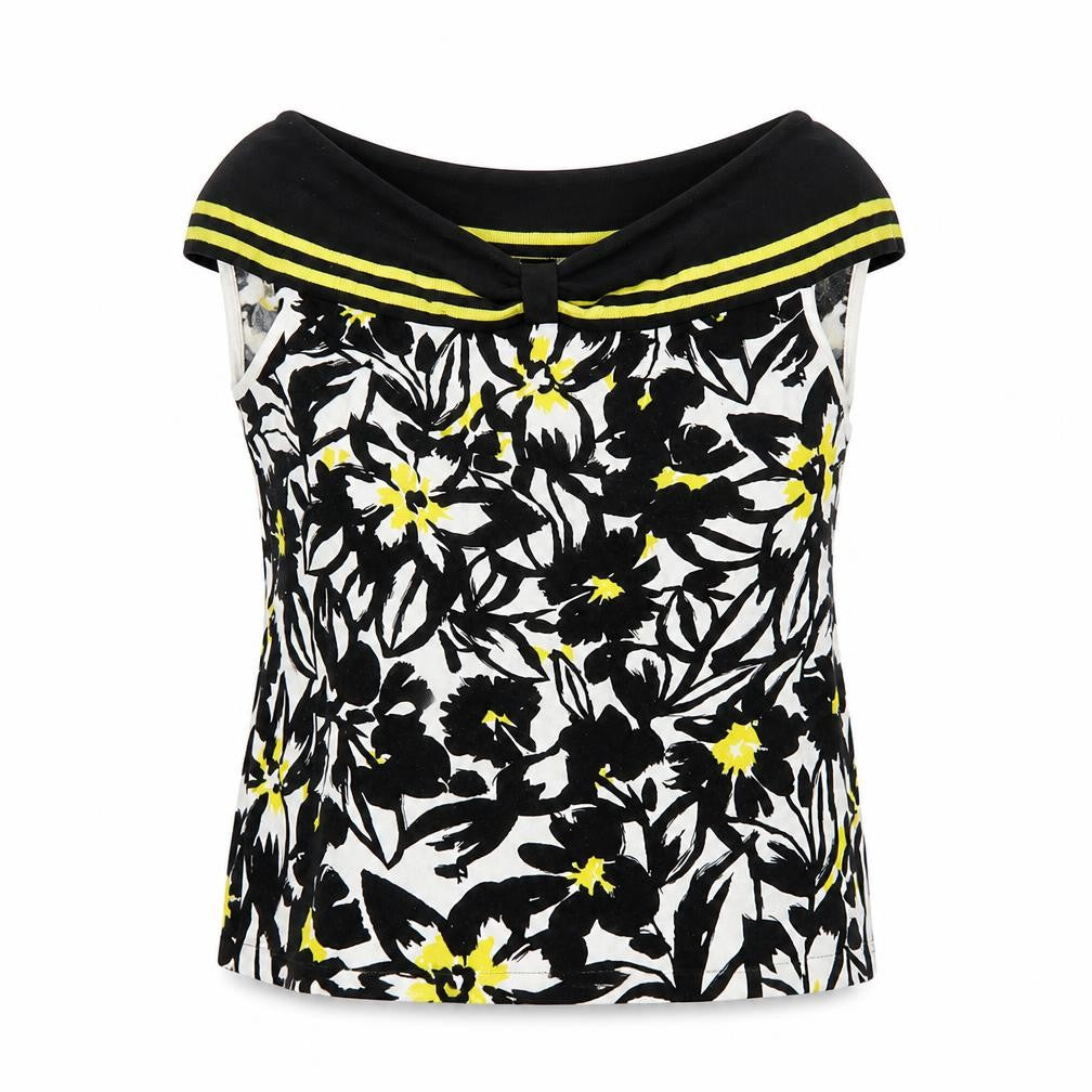 Precis Womens Black White Yellow Floral Sleeveless Tunic Blouse L