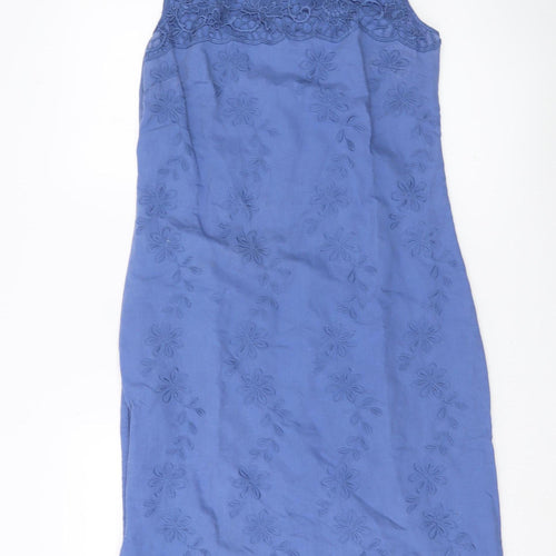 Laura Ashley Women’s Blue Linen Cotton Embroidered Sheath Dress UK 10