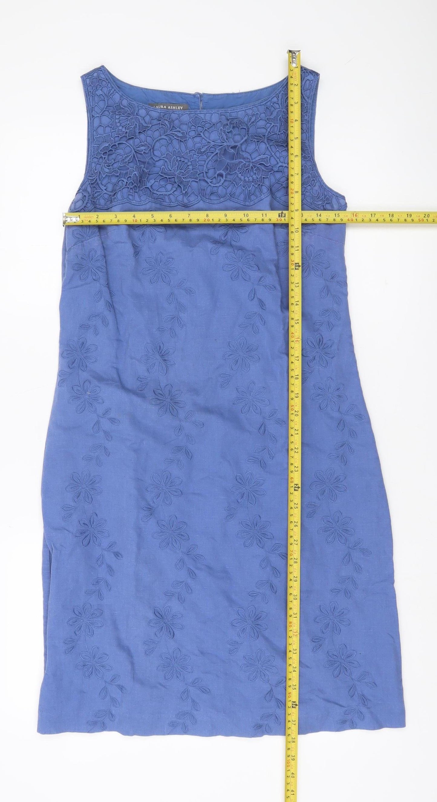 Laura Ashley Women’s Blue Linen Cotton Embroidered Sheath Dress UK 10