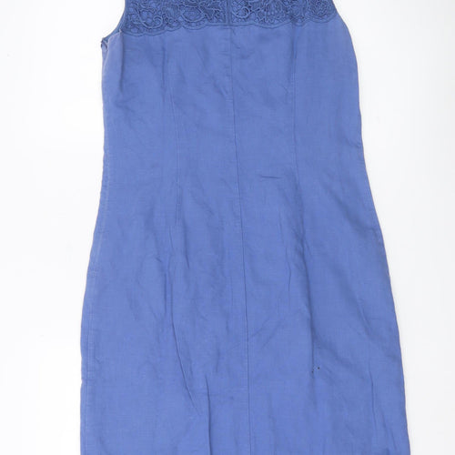 Laura Ashley Women’s Blue Linen Cotton Embroidered Sheath Dress UK 10