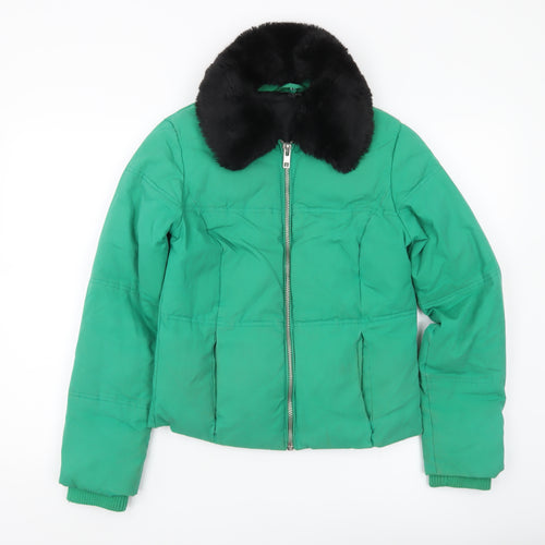 Topshop Women’s Green Size 8 Puffer Jacket with Faux Fur Collar