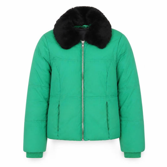 Front view of Topshop Women’s Green, size UK 8, Puffer Jacket with Faux Fur Collar