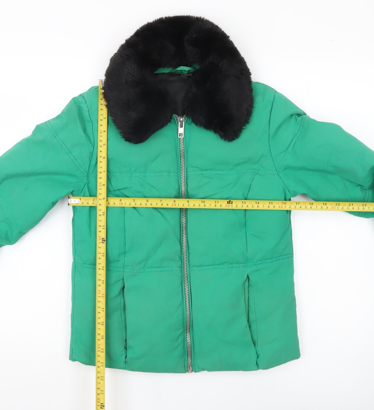 Topshop Women’s Green Size 8 Puffer Jacket with Faux Fur Collar