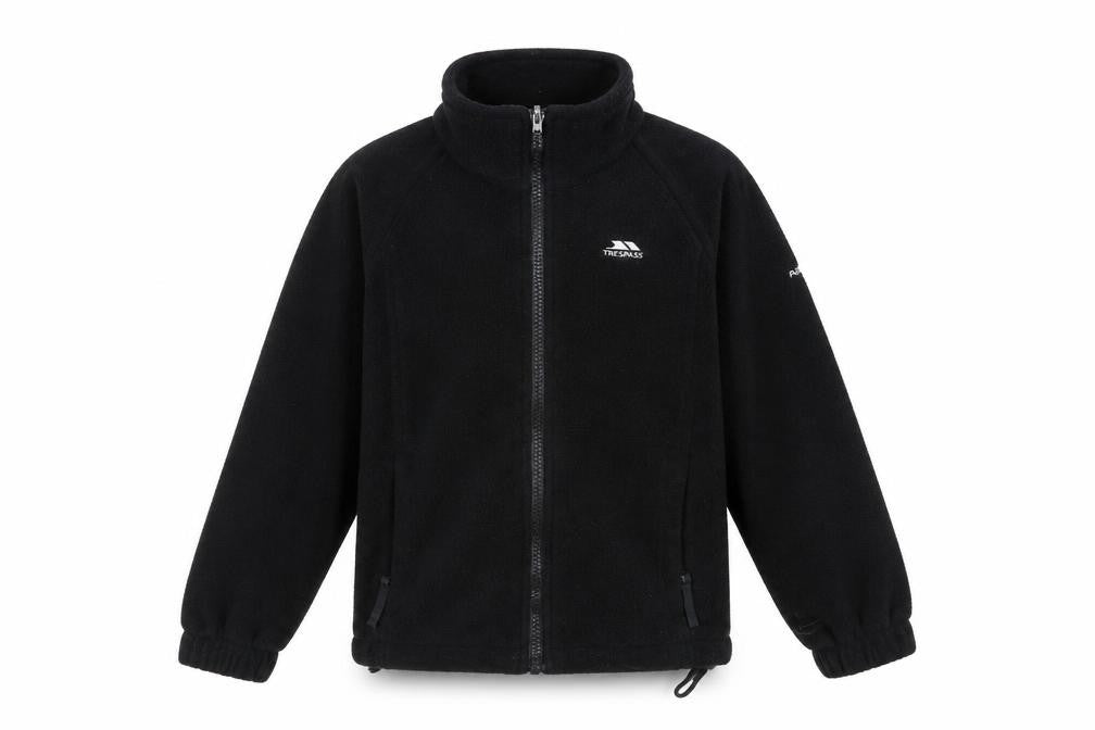 Front view of Trespass boys’ black fleece full zip basic jacket 5-6 years
