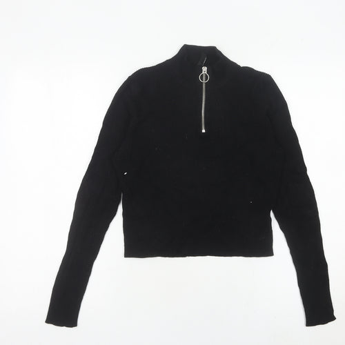 H&M Divided Women’s Black Slim Fit Cropped Knit Zip Mock Neck Top M